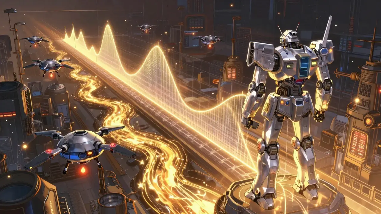 A towering data-machine displays a glowing AUC curve as drones collect blood samples in a digital landscape.