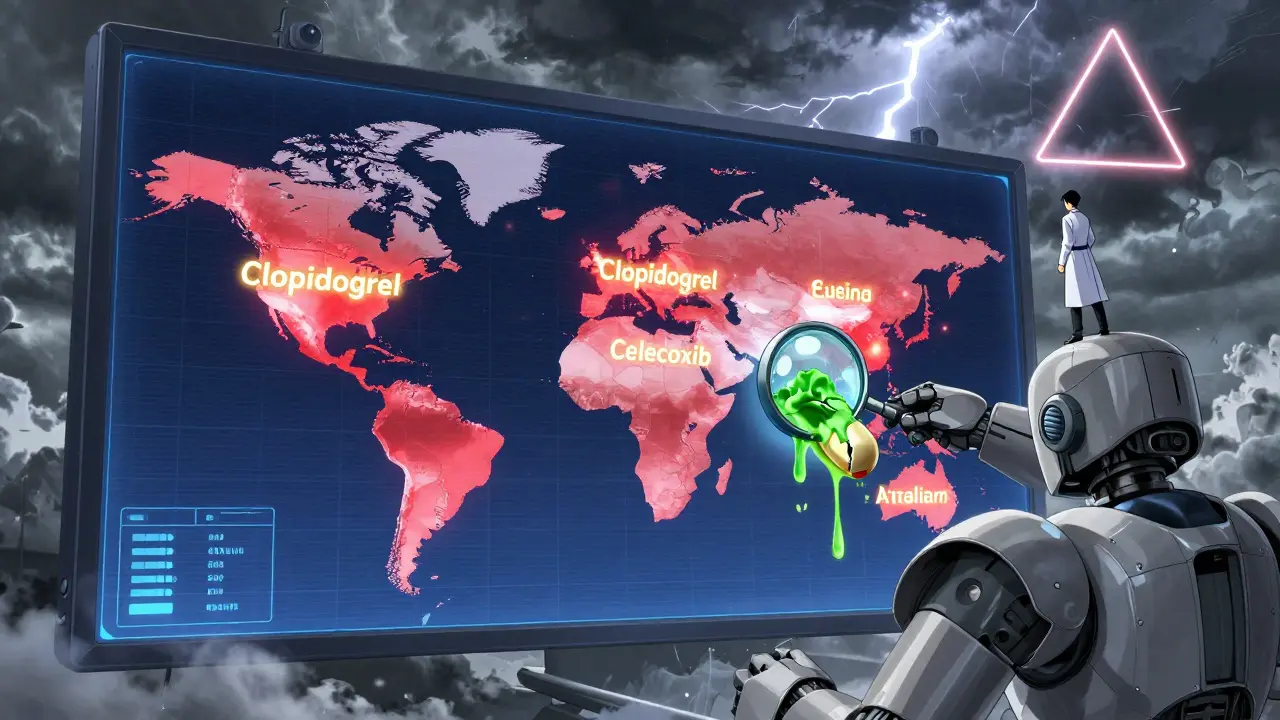 A world map pulses with red warnings as generic drug names shine above safe countries, a hero holds a cracked counterfeit pill.