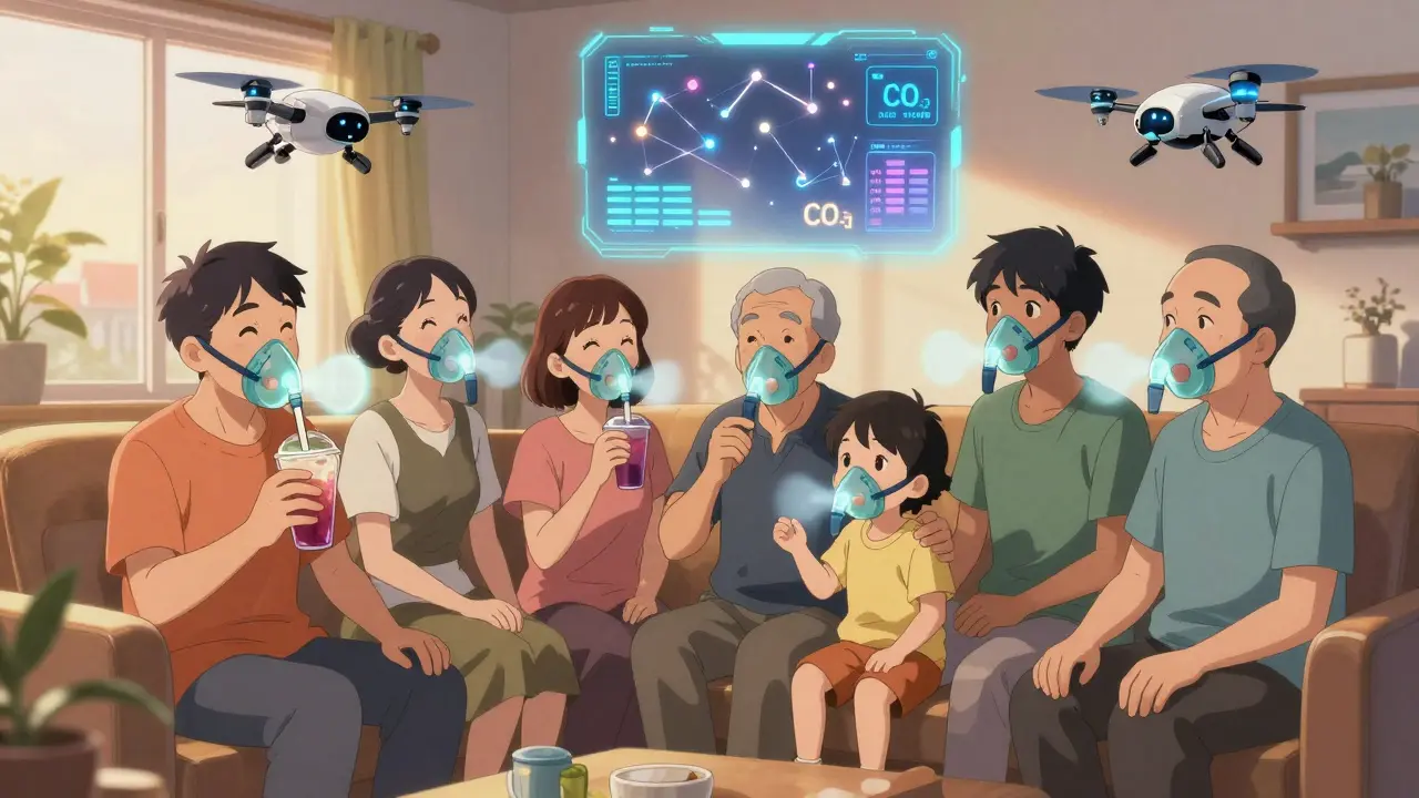 ALS patients enjoying time together with glowing NIV breath-halos and supportive drones in a sunlit home.