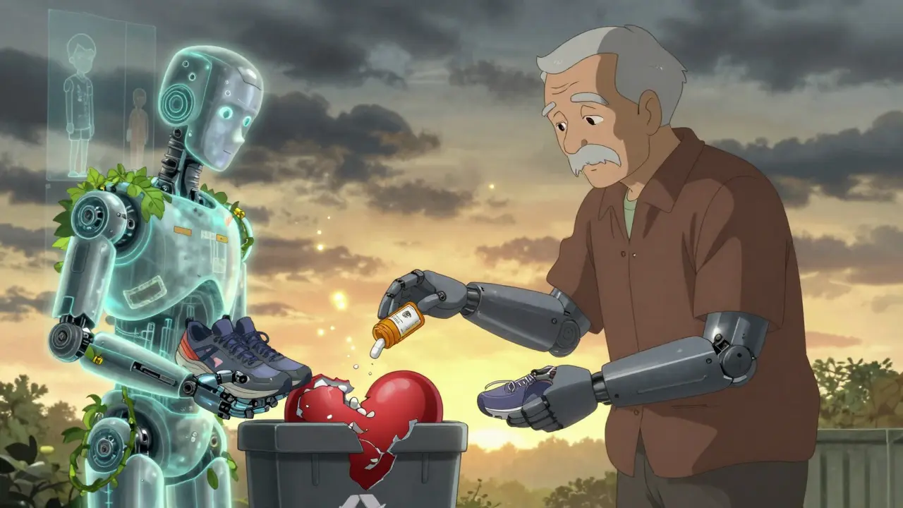 An elderly man recycles aspirin as a nature-themed robot offers him statins and running shoes at sunrise.