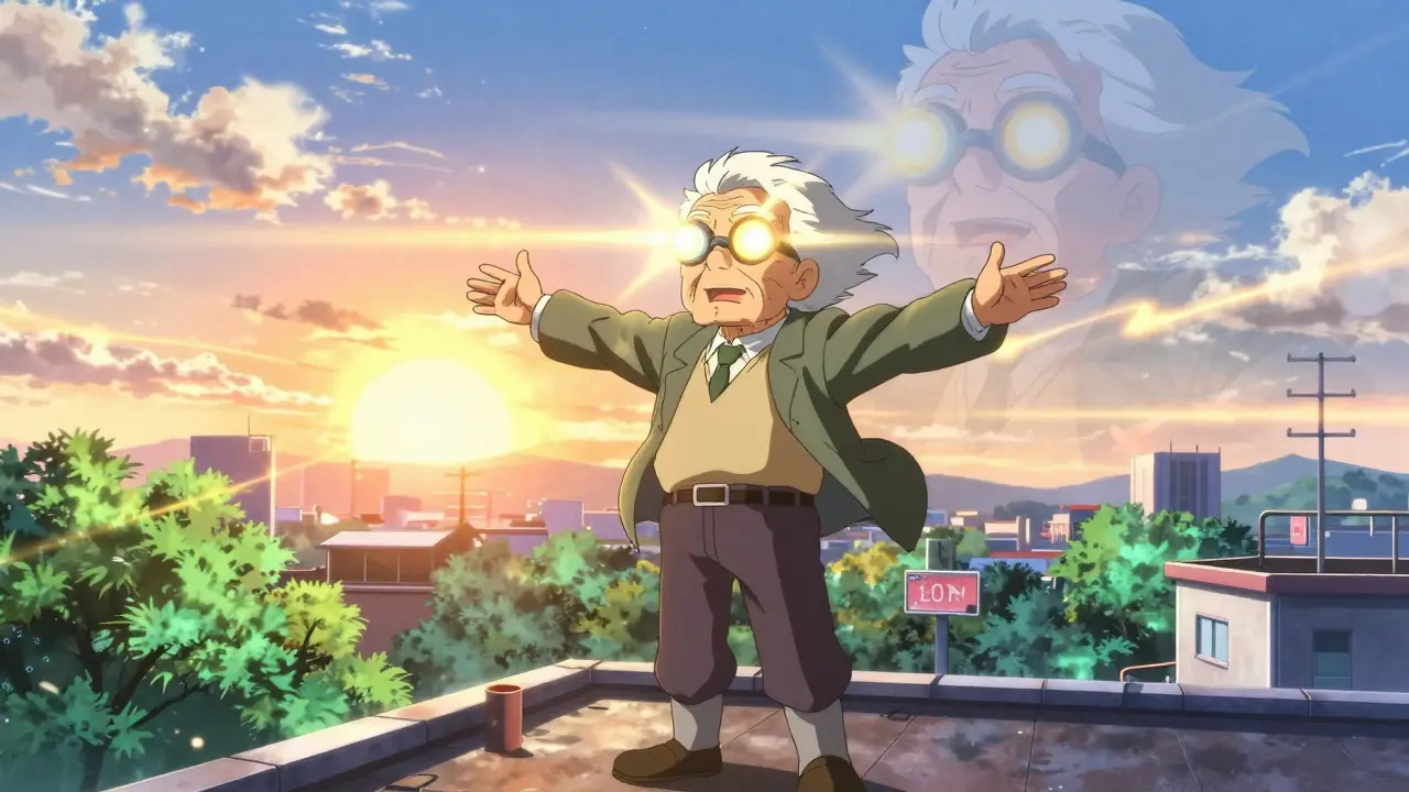 An elderly person standing at sunrise, eyes radiating vibrant light as their world transforms into vivid clarity.