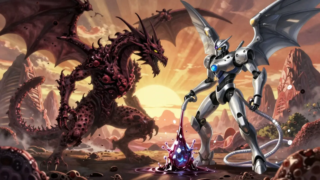 Battle between cancer dragon and catheter mech in a thoracic landscape with glowing particles.