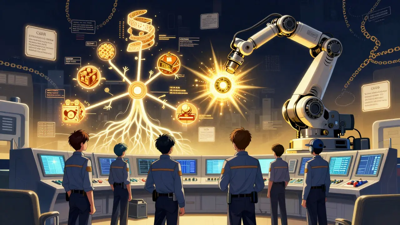 Engineers stand before a glowing CAPA console as root-cause analysis unfolds in holographic form.