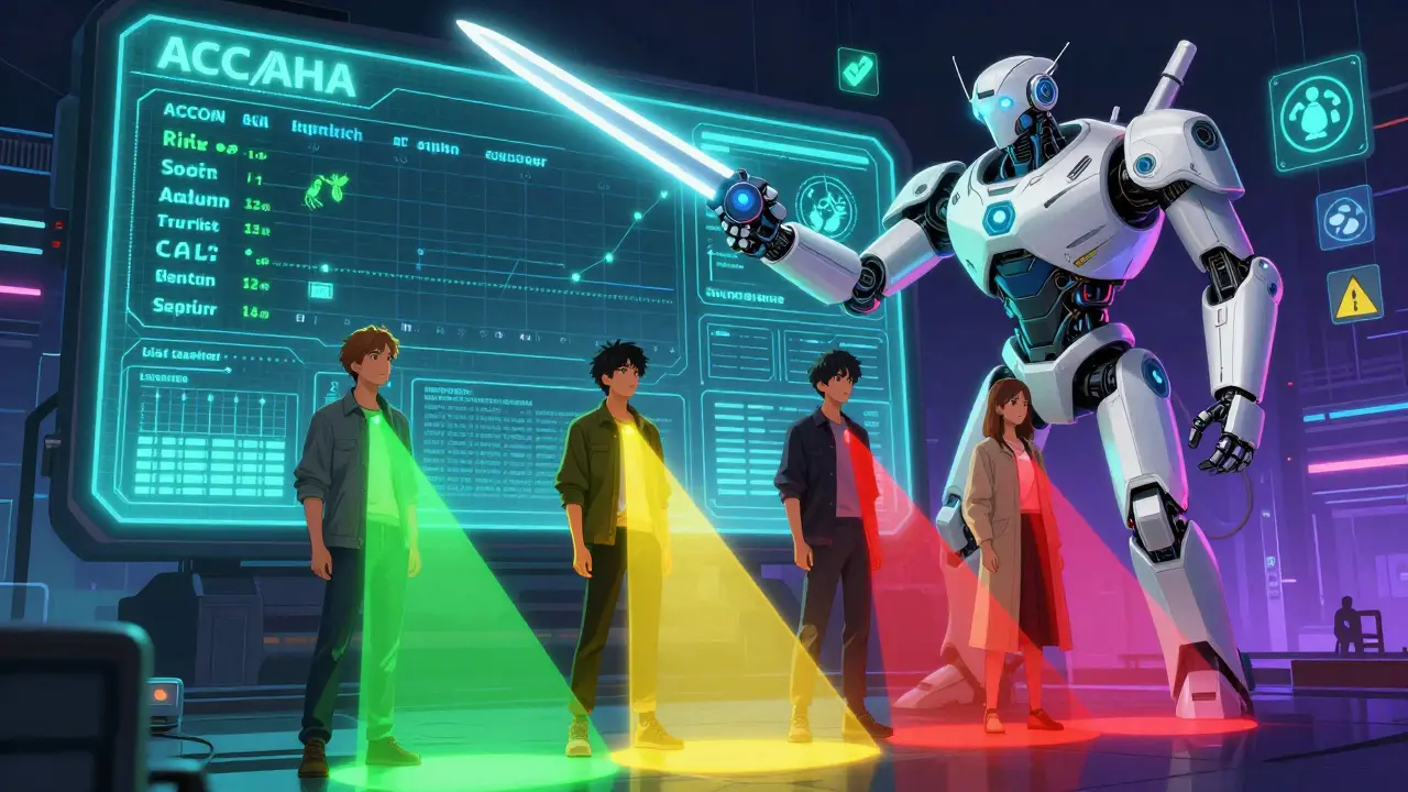 Four people face a digital risk calculator as a robotic doctor hovers above them with statin and lifestyle icons.