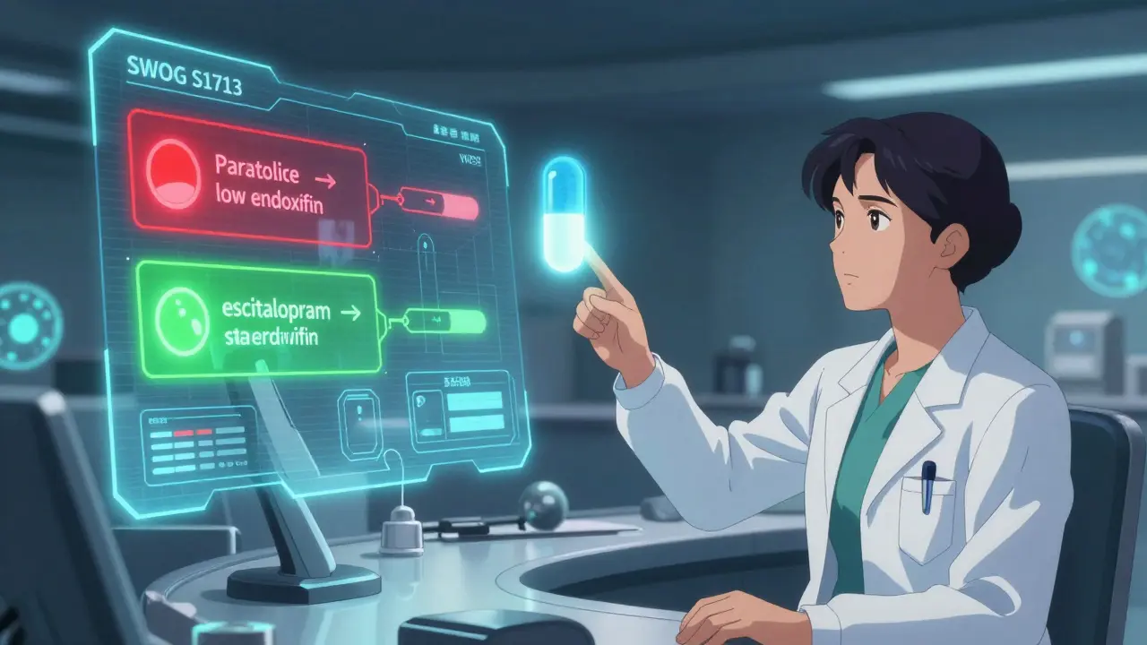 Holographic patient profile showing two drug paths, oncologist pointing to SWOG trial capsule, glowing bioluminescent cells, hopeful atmosphere.