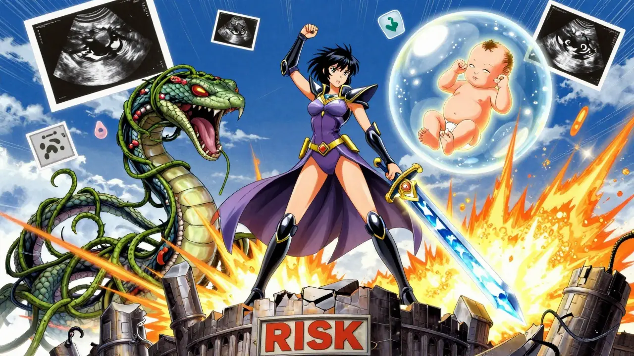 Maternal warrior defeating a toxic serpent with a labetalol sword, newborn glowing safely in background.