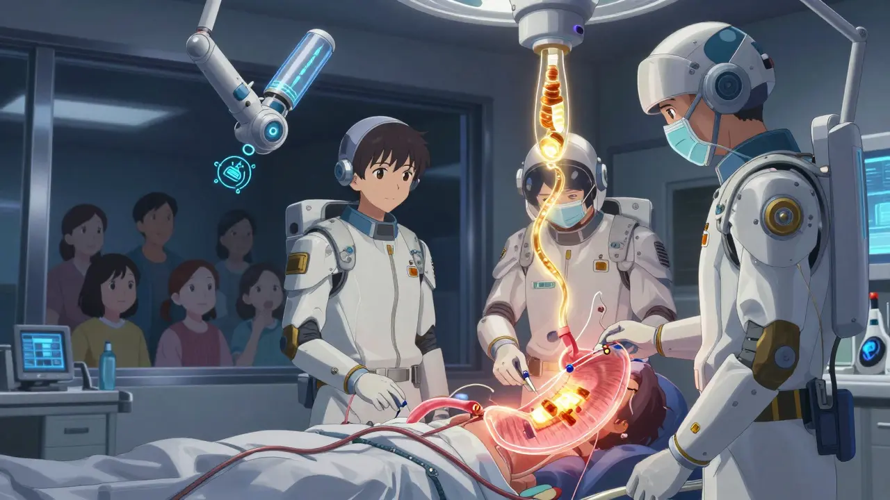 Medical team inserting a PEG tube with holographic nutritional flow in a high-tech operating room.