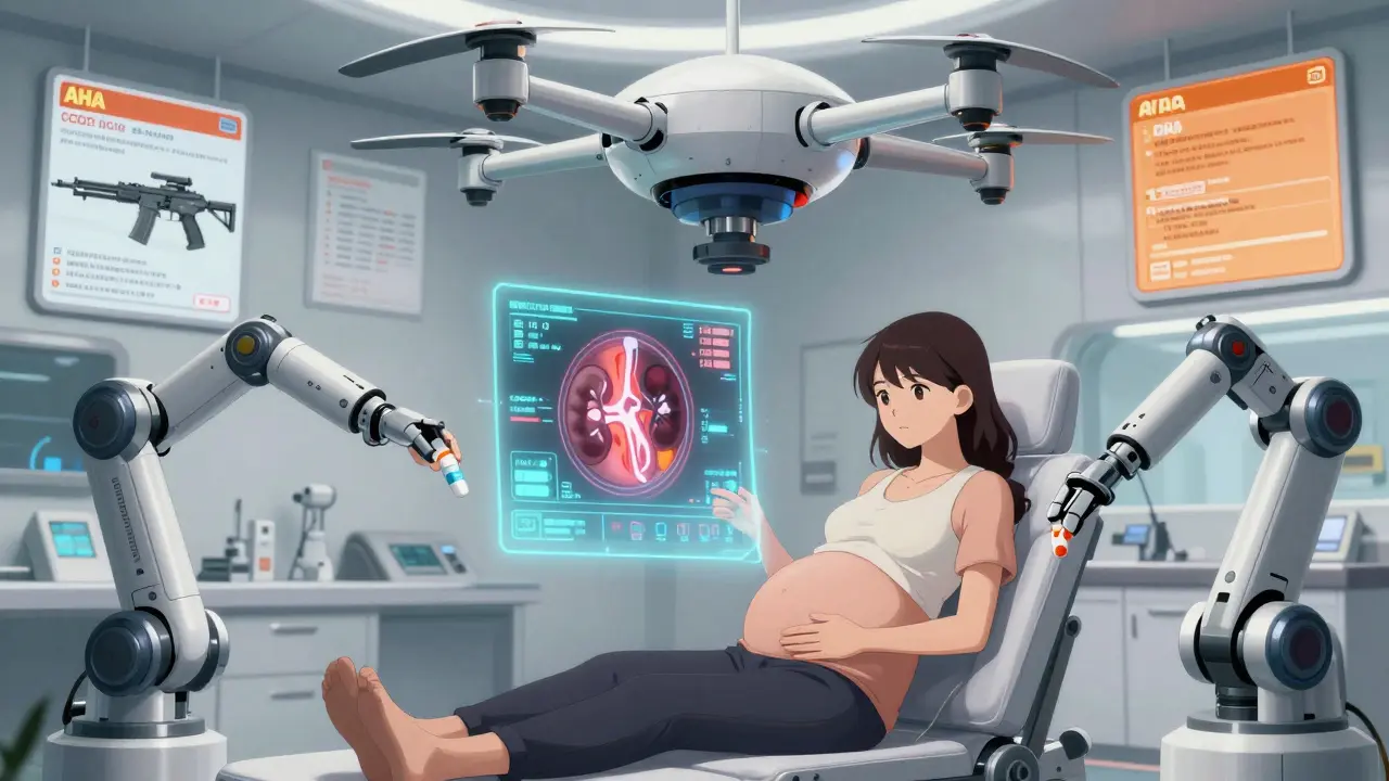 Pregnant woman in medical chamber with drone scanning, holograms showing fetal risks and safe drug replacement.