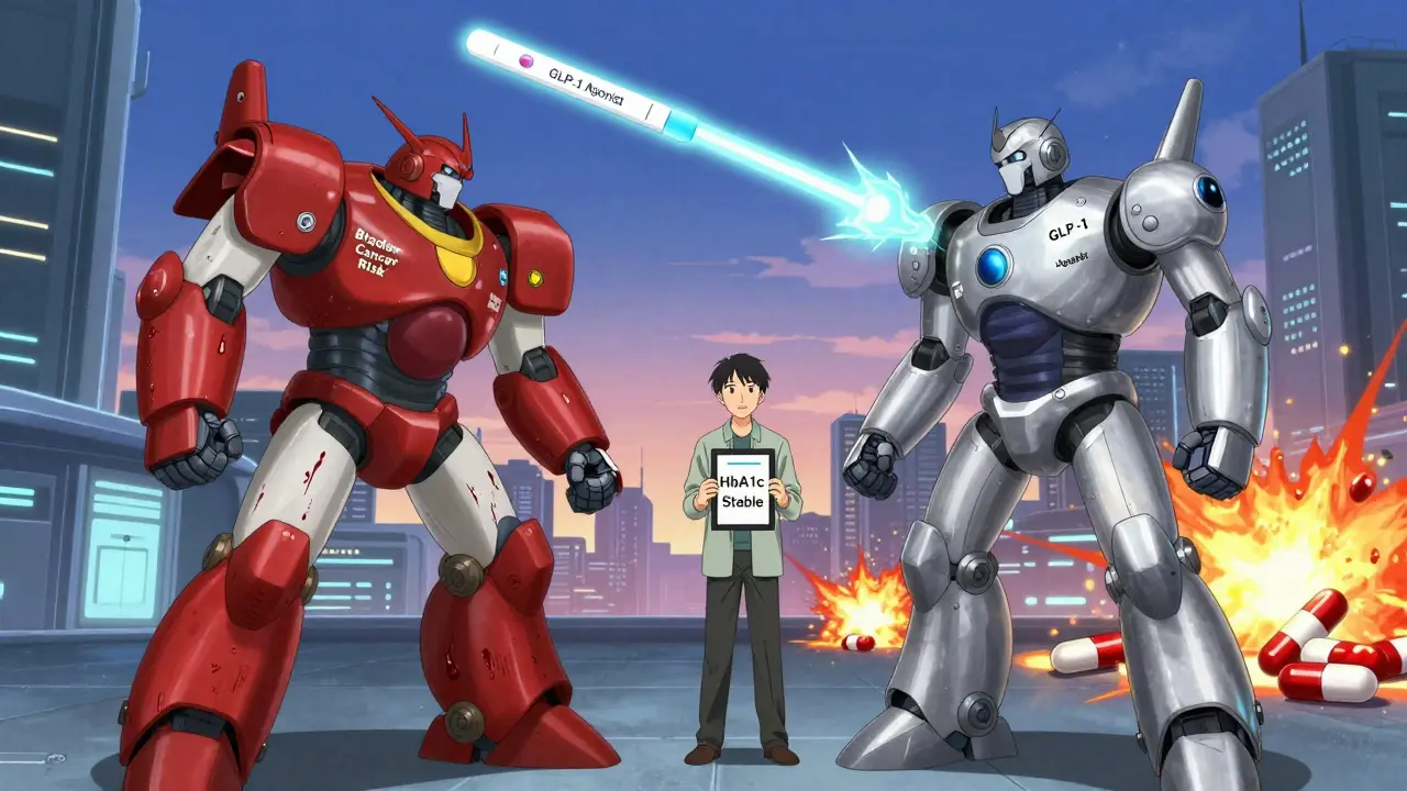Robot with bladder armor battles a silver GLP-1 robot, urine test strip above, patient holds tablet as old pills explode.