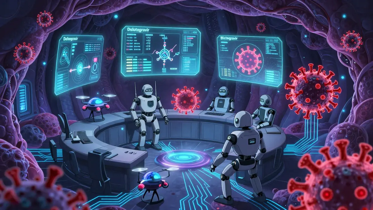 Robotic drug agents block HIV DNA insertion in a human cell, with holograms showing mutations and interactions.