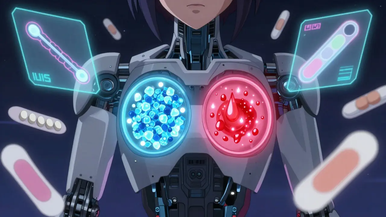 Robotic woman’s chest reveals glowing chambers of different hormone types.