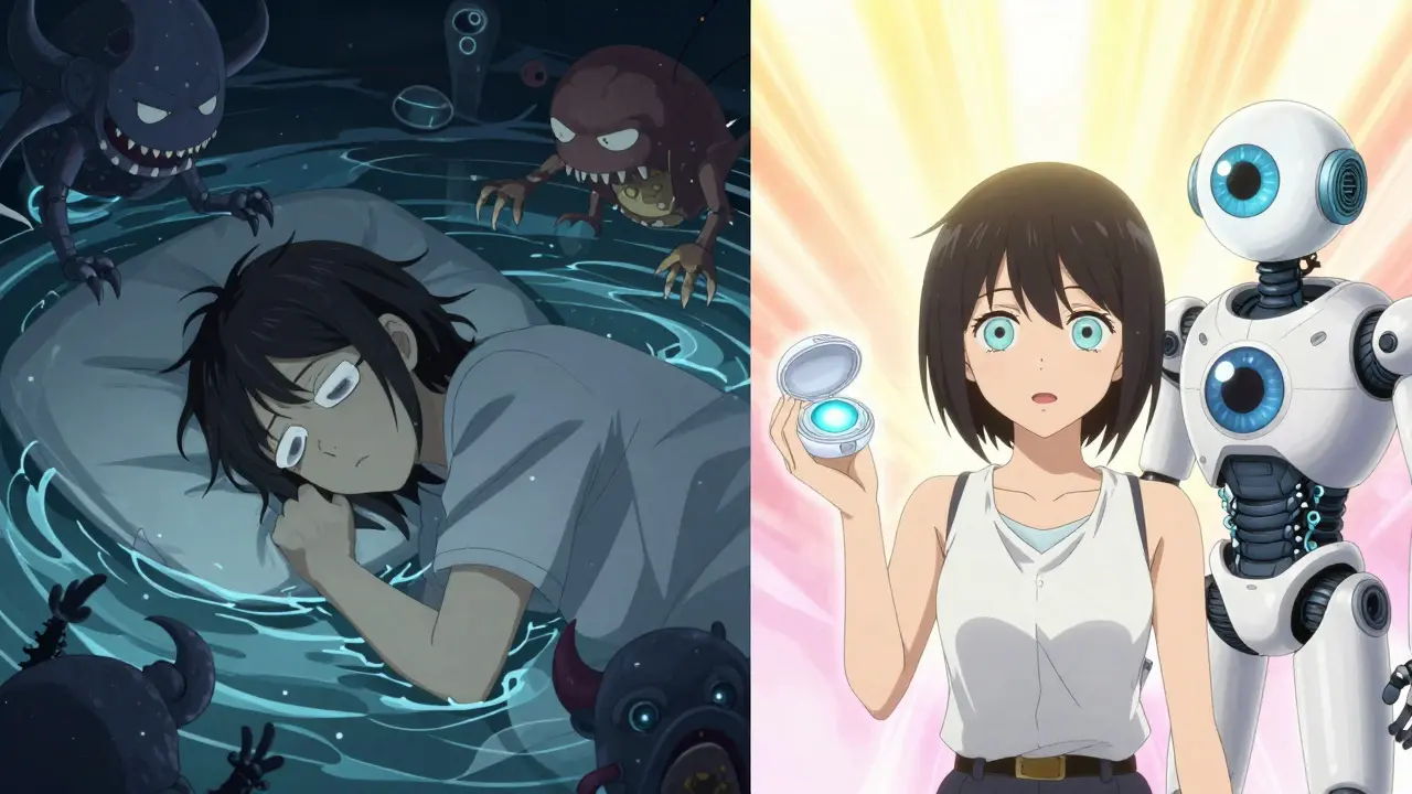 Split scene: left shows sleep with infected contacts and water demons; right shows healed eyes under sunlight with clean lenses.