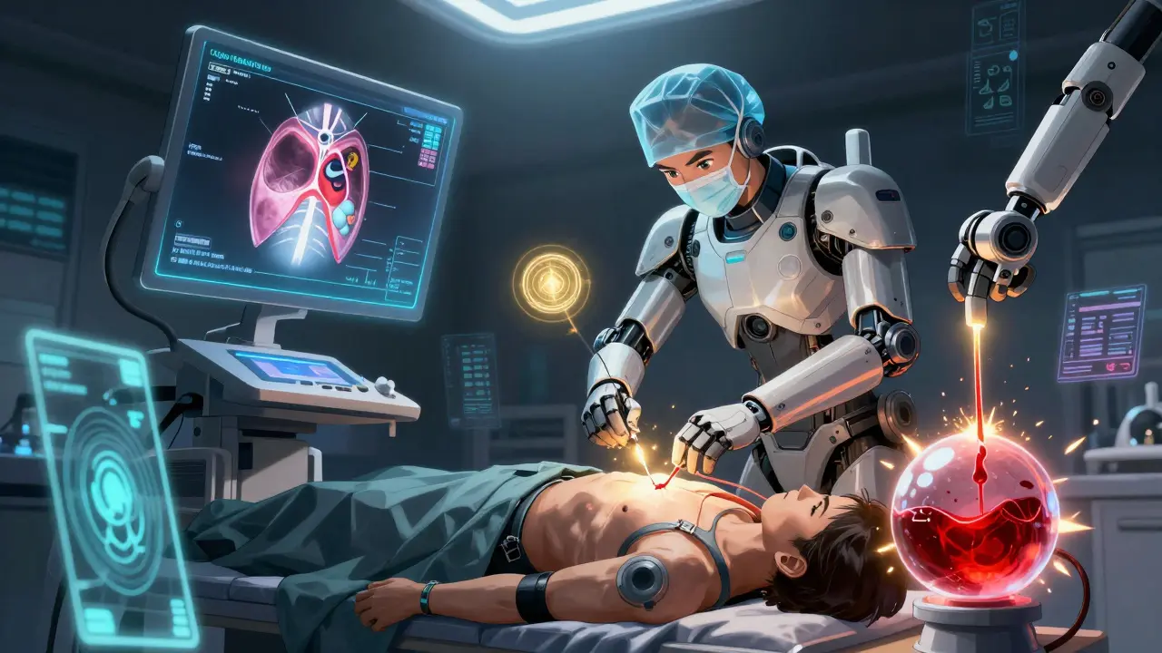 Surgeon in exosuit performing thoracentesis with holographic ultrasound and golden catheter.