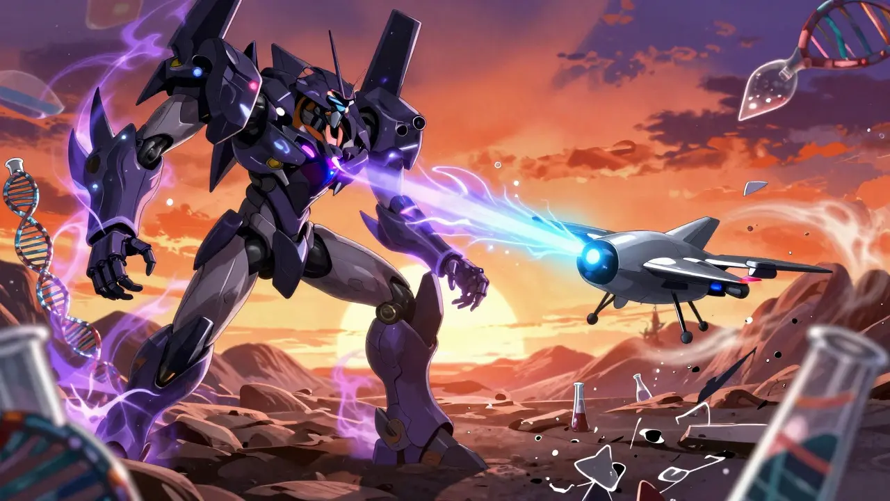 Tamoxifen hero in exosuit battling paroxetine war machine in human body battlefield, escitalopram drone offering healing pulse.