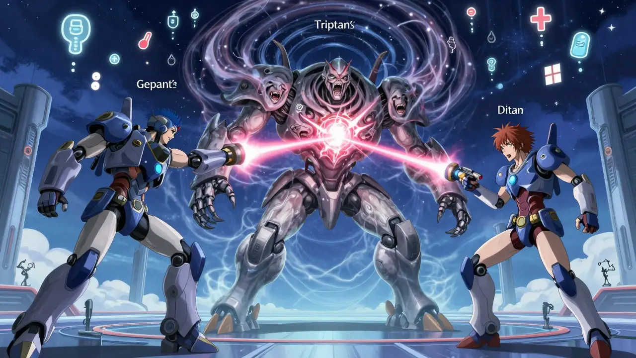 Three robotic avatars fighting a pain-beast in a neuro-arena, each using different combat styles to defeat it.