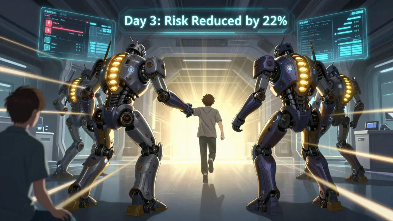 Three robots guide patients through movement drills as digital stats show pain reduction progress.