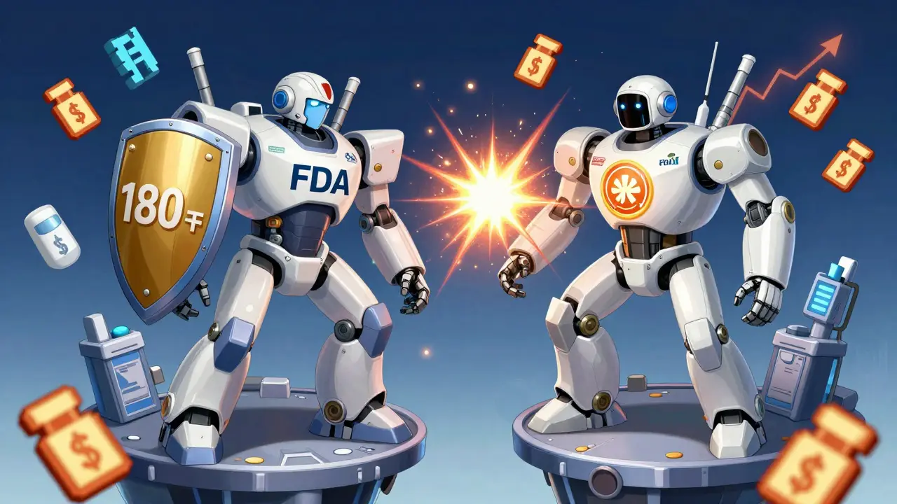 Two robot generics duel on an FDA platform, one with a shield, the other sleek and unbranded, prices exploding around them.