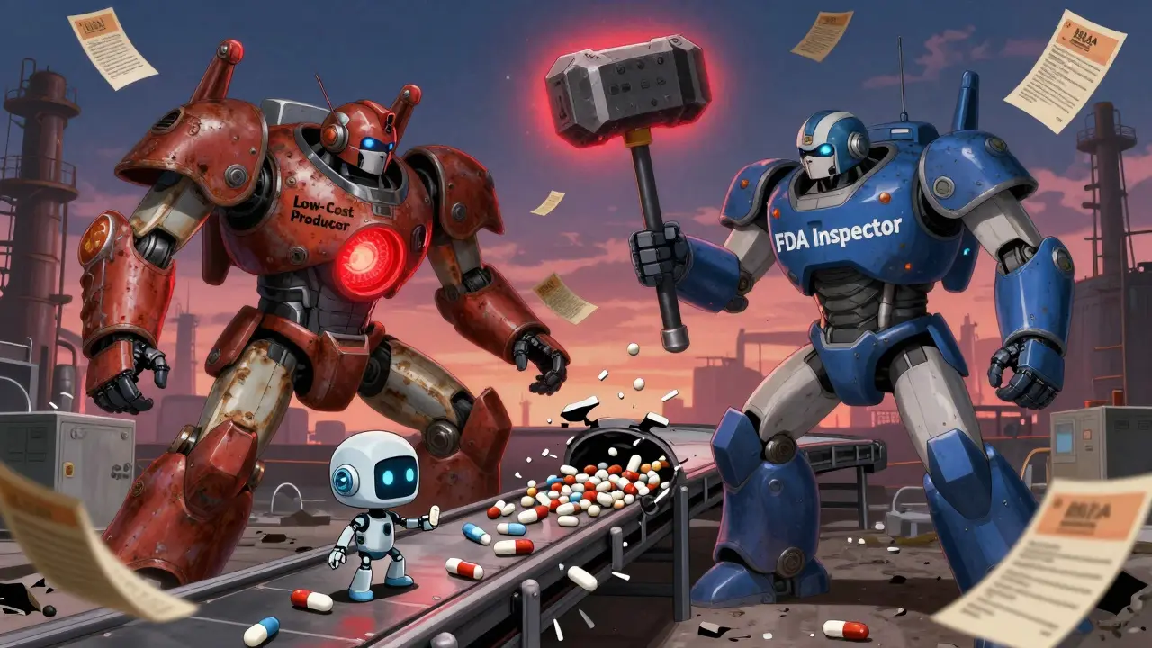 Two robotic drug manufacturers battle over a crumbling pill conveyor, a child patient clings to the last tablet.