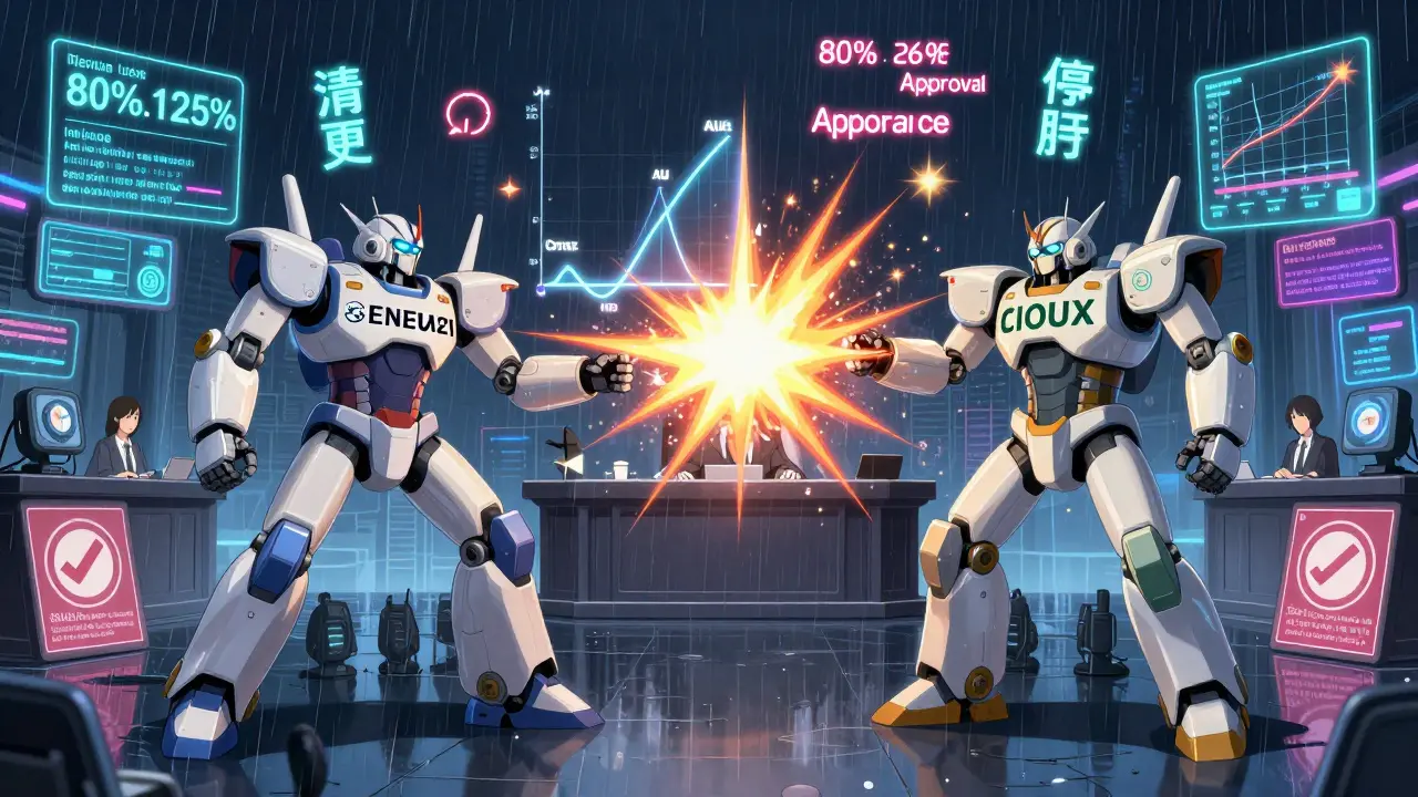 Two robotic pharmaceutical entities duel over a floating 80%-125% approval threshold in a cyberpunk arena.