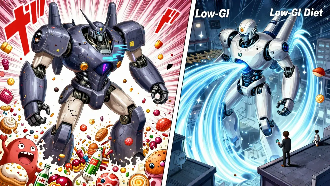 Two robots battle—one overwhelmed by junk food, the other calm and powered by low-GI foods.