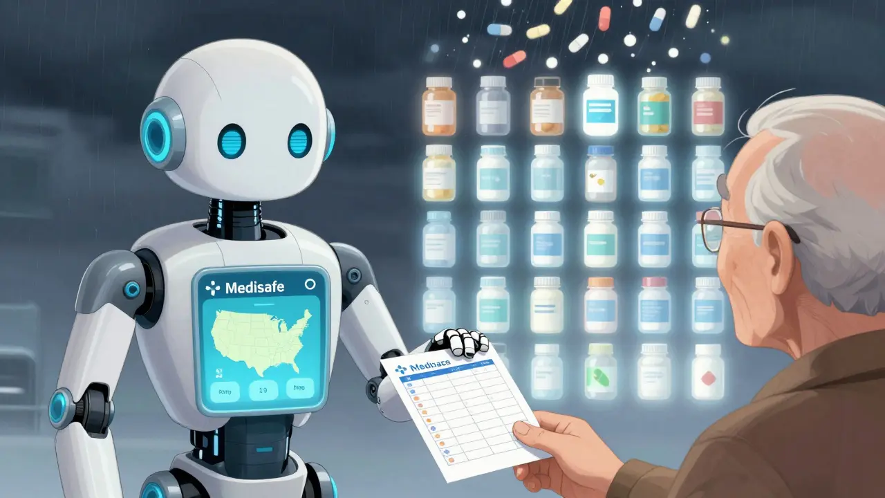 A compassionate AI robot hands a printed schedule to an elderly person, while drug interaction warnings glow safely in the background.
