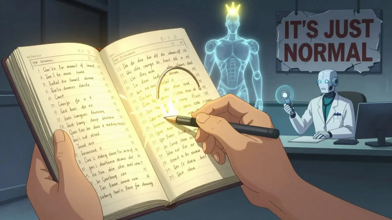 A hand holds a glowing symptom journal, casting light toward a robotic stethoscope analyzing the data, symbolizing patient advocacy.