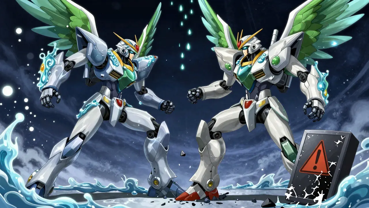 A heroic SGLT2 mech fights a leaking TZD war machine, with shattered warning shields and glucose particles in the air.