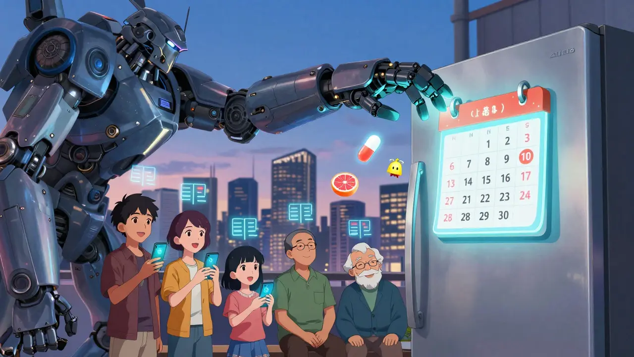 A mechanical arm places a glowing medication calendar on a fridge, with family members syncing phones across cities.