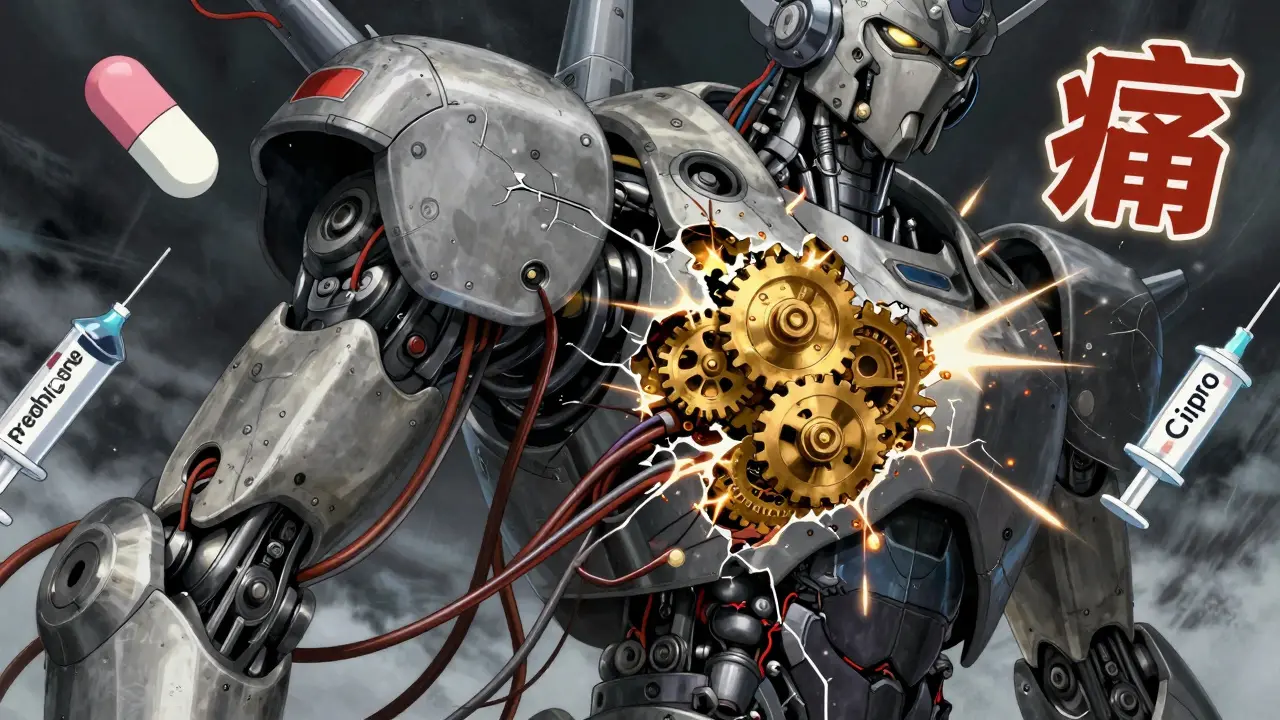 A mechanical shoulder joint ruptures as golden steroid gears crumble, with floating medical icons and warning symbols.