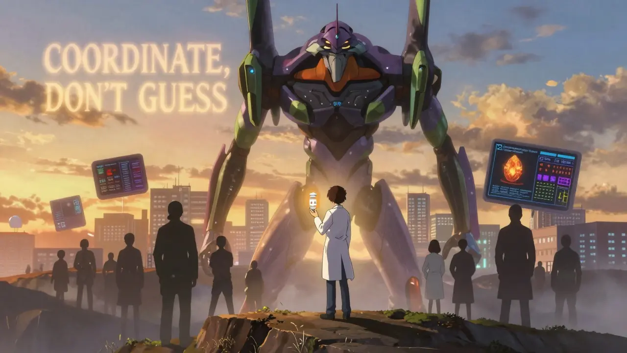 A patient holds a glowing vaccine as a medical robot rises from a hospital skyline at dawn.