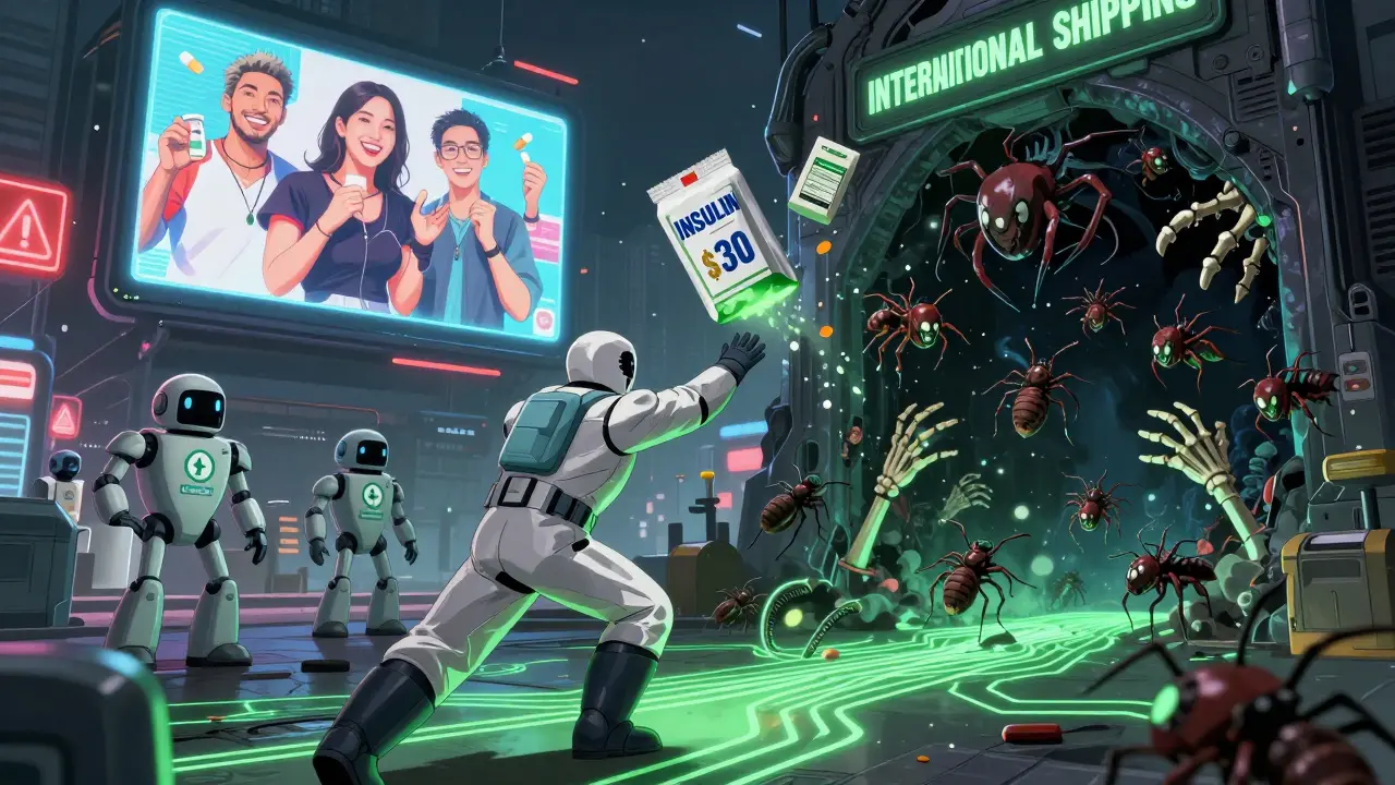 A person reaches for a dissolving package of fake insulin, while toxic insects and digital scams swarm around them.