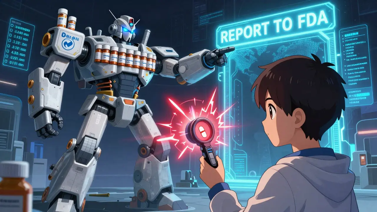 A person scans a suspicious pill as a guardian robot made of prescription bottles rises behind them.