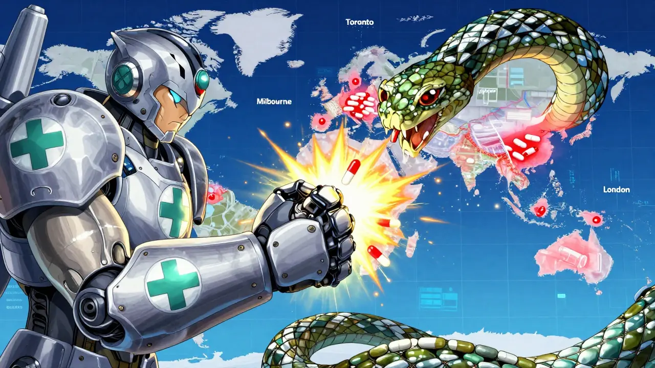 A robotic hand fights a serpent made of fake pill packaging, with glowing .pharmacy logos on its armor.