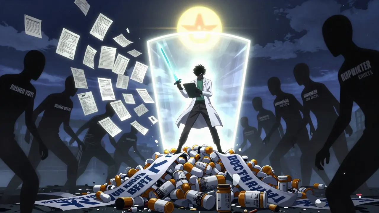 A warrior in a lab coat fights shadowy medical neglect with a clipboard sword, defended by thousands of floating patient reports.