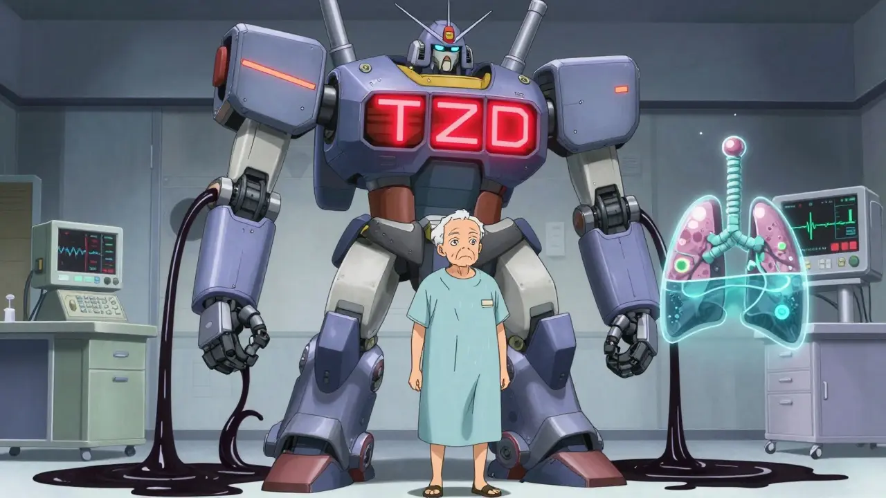 An elderly patient faces a robotic TZD drug unit as black fluid flows into swollen legs and a filled lung assembly.