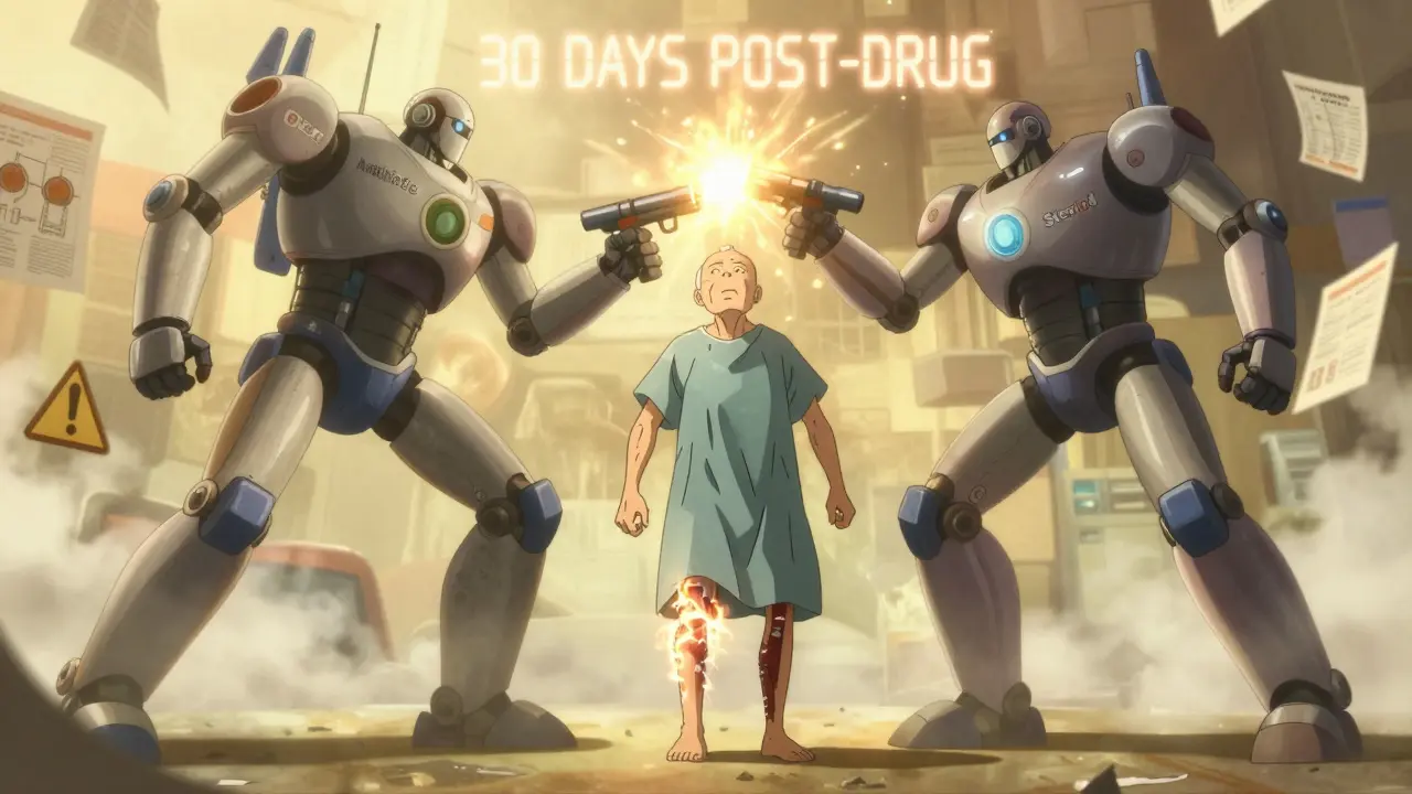 An elderly person with a ruptured glowing tendon, watched over by battling robot guardians labeled Antibiotic and Steroid.