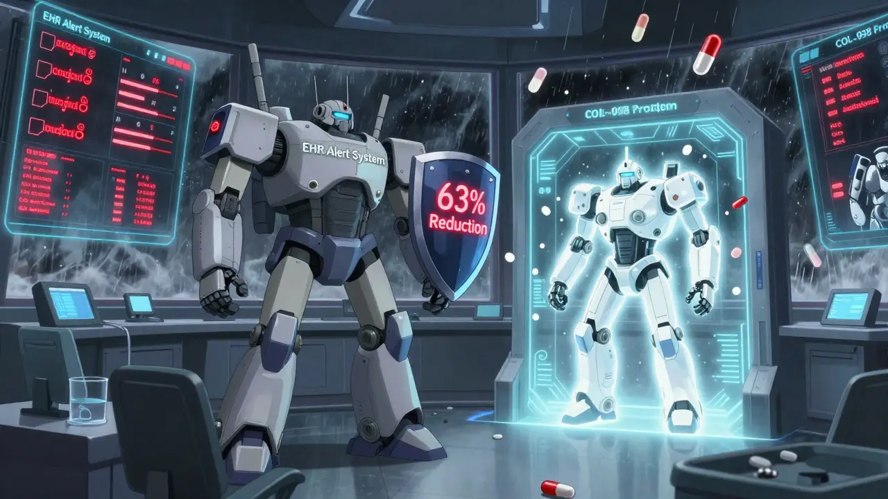 Holographic hospital dashboard shows red toxicity alerts as a new safe colchicine prototype emerges.