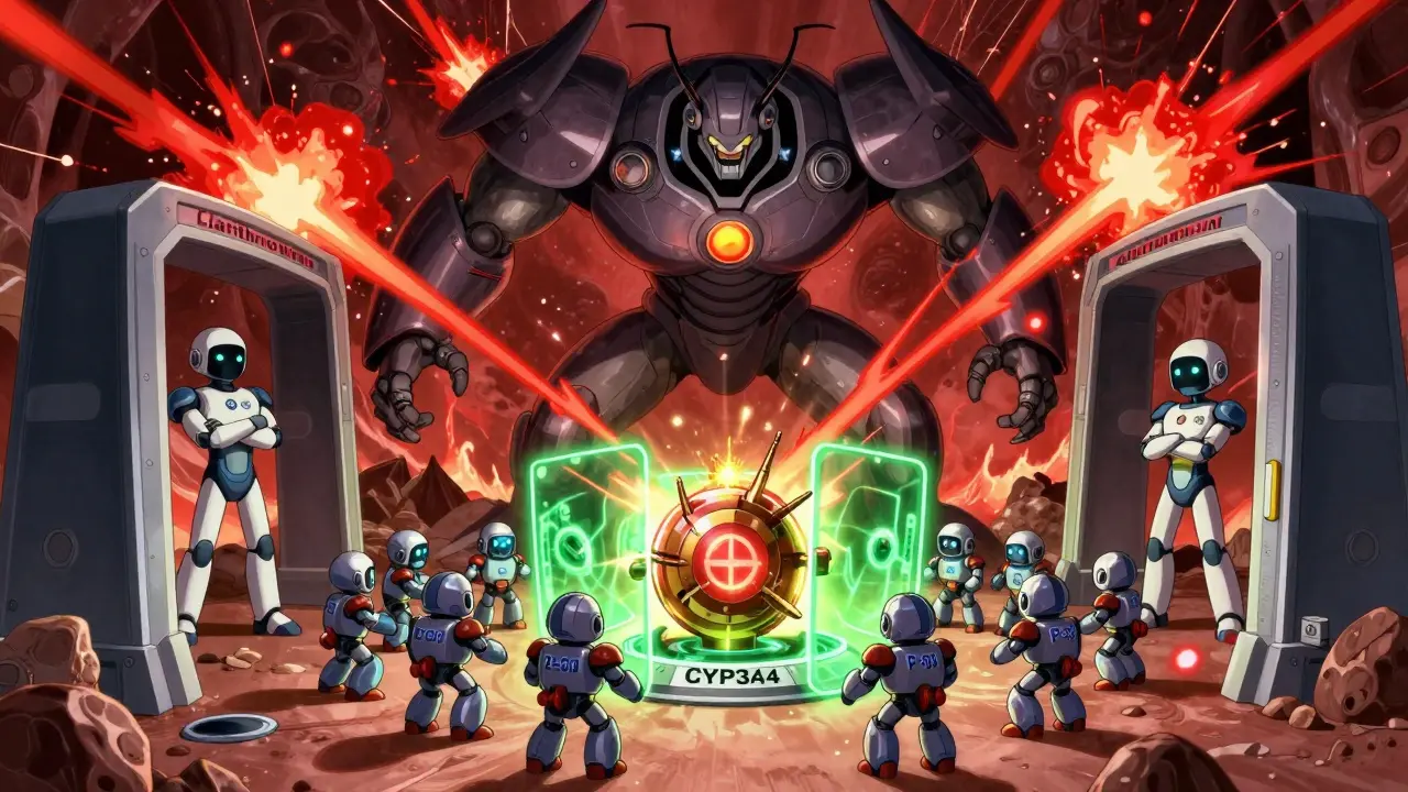 Inside a human body, warriors defend against a toxic villain while a safe antibiotic stands calm.