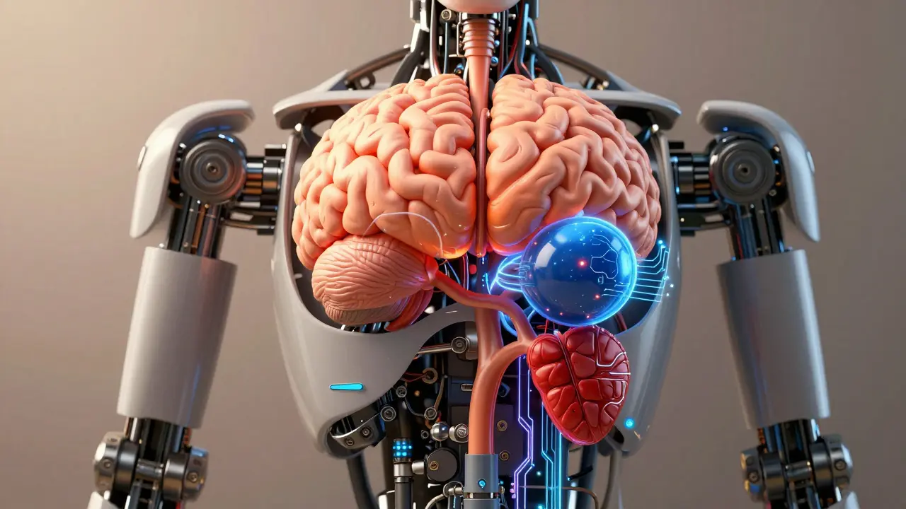 Robot's internal HPA axis shown as mechanical parts connected by glowing circuits.