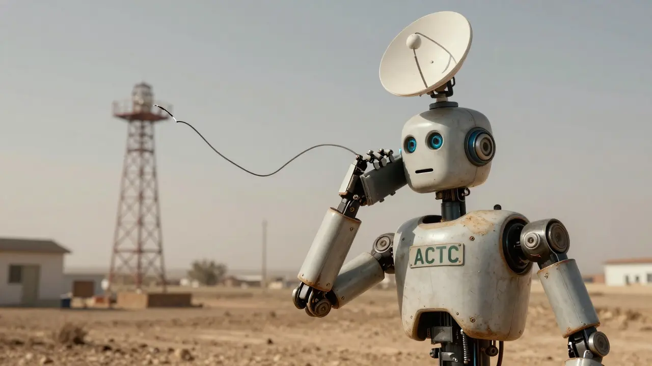 Robot in rural area trying to connect for ACTH test with broken signal.