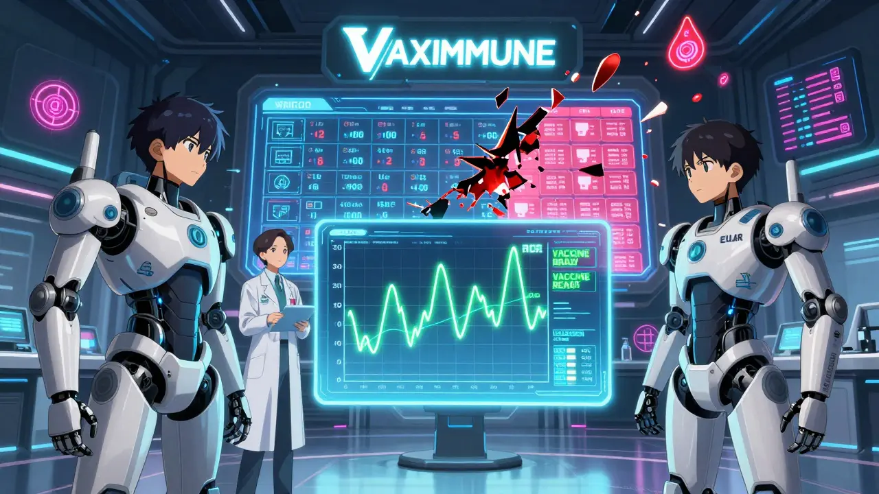 Three robotic specialists argue over a holographic patient timeline with real-time B-cell counts.