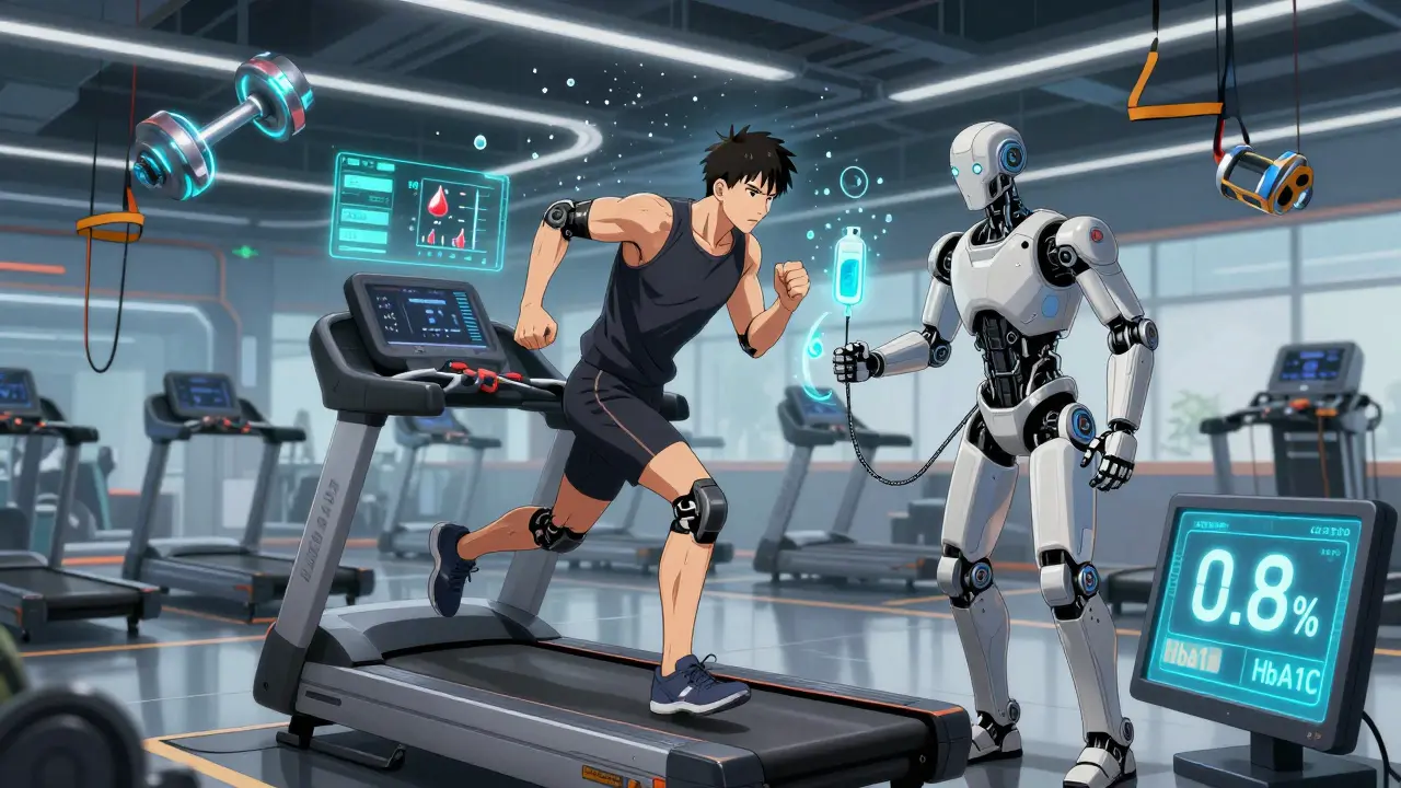 A diabetic athlete training with a robotic exosuit that adjusts insulin during high-intensity intervals.