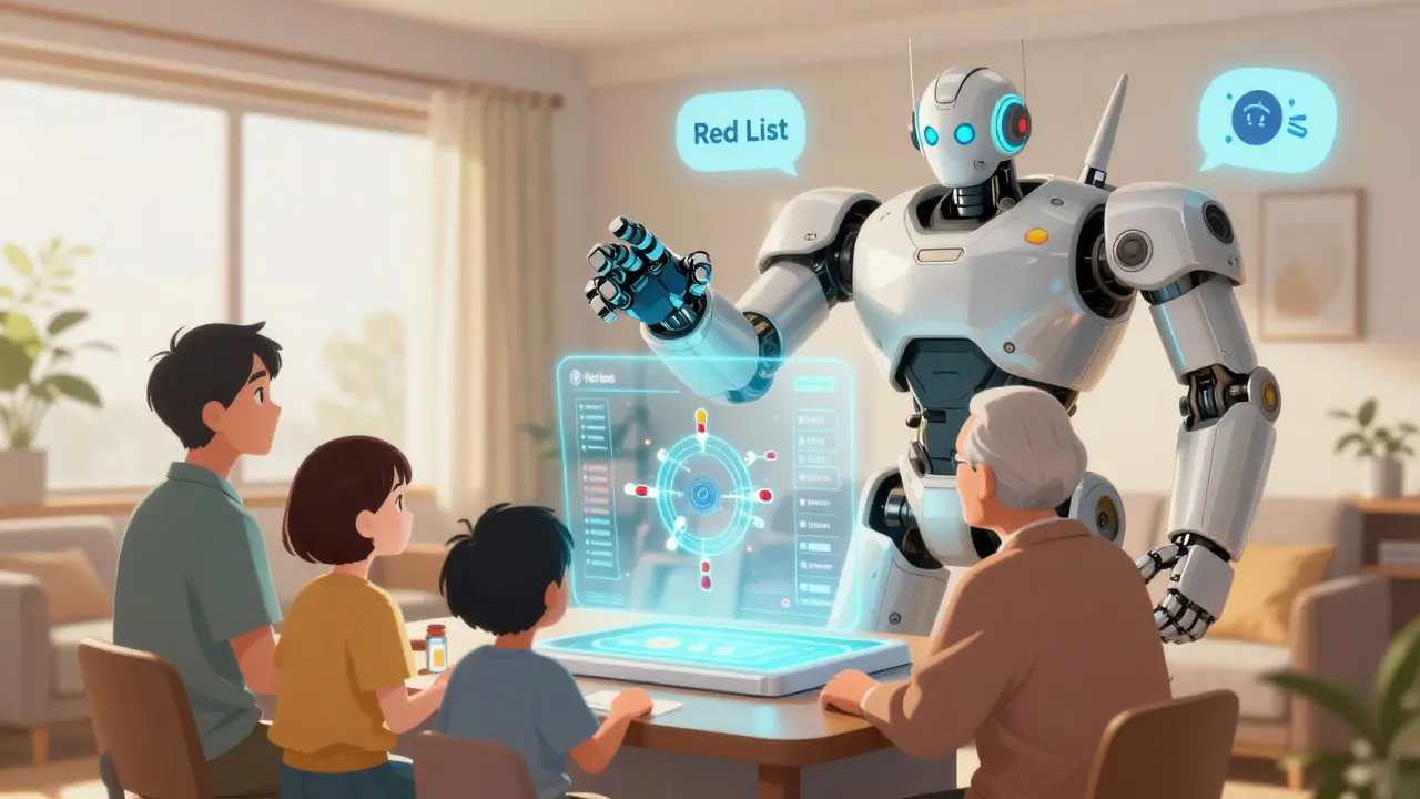 A family reviews a holographic medication chart with a robotic assistant projecting drug interaction alerts.