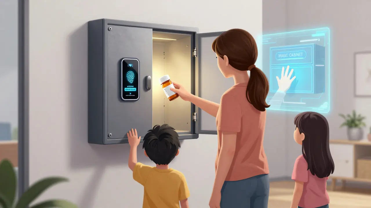 A family uses a wall-mounted fingerprint lockbox while a hologram of a failed attempt glows behind them.