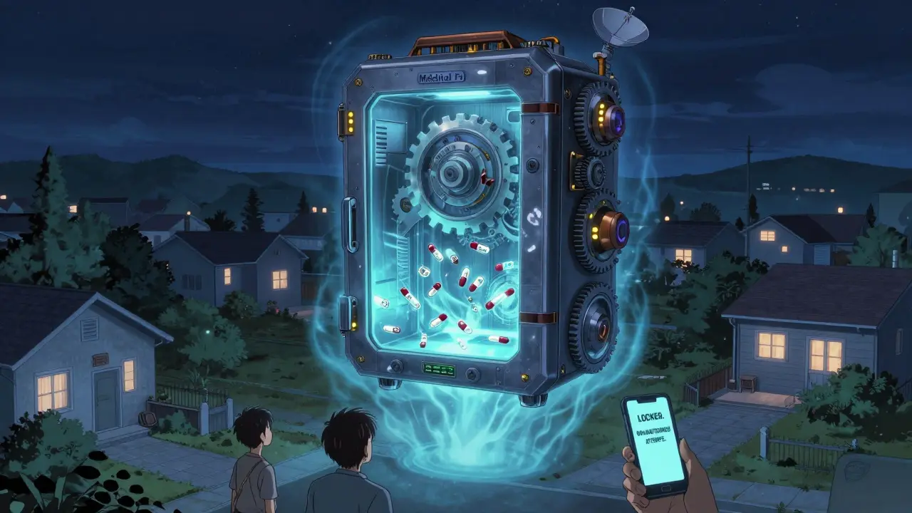 A futuristic lockbox hovers over a home, emitting a protective energy field while displaying medication status.