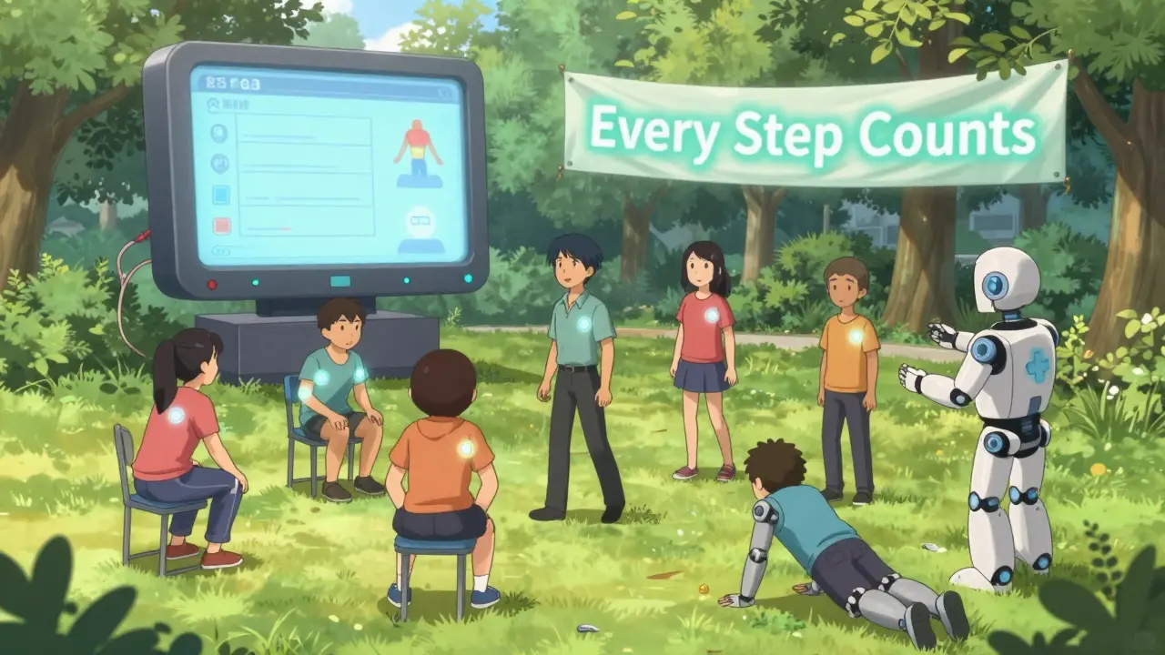 A group of people with diabetes doing light exercises in a park, surrounded by floating health monitors.