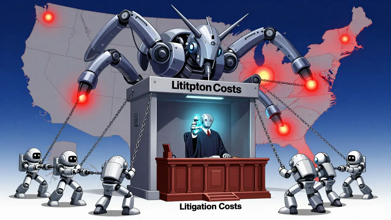 A massive ANDA machine with tentacles connecting to Delaware's courtroom, pulling generic drug robots into litigation chains.