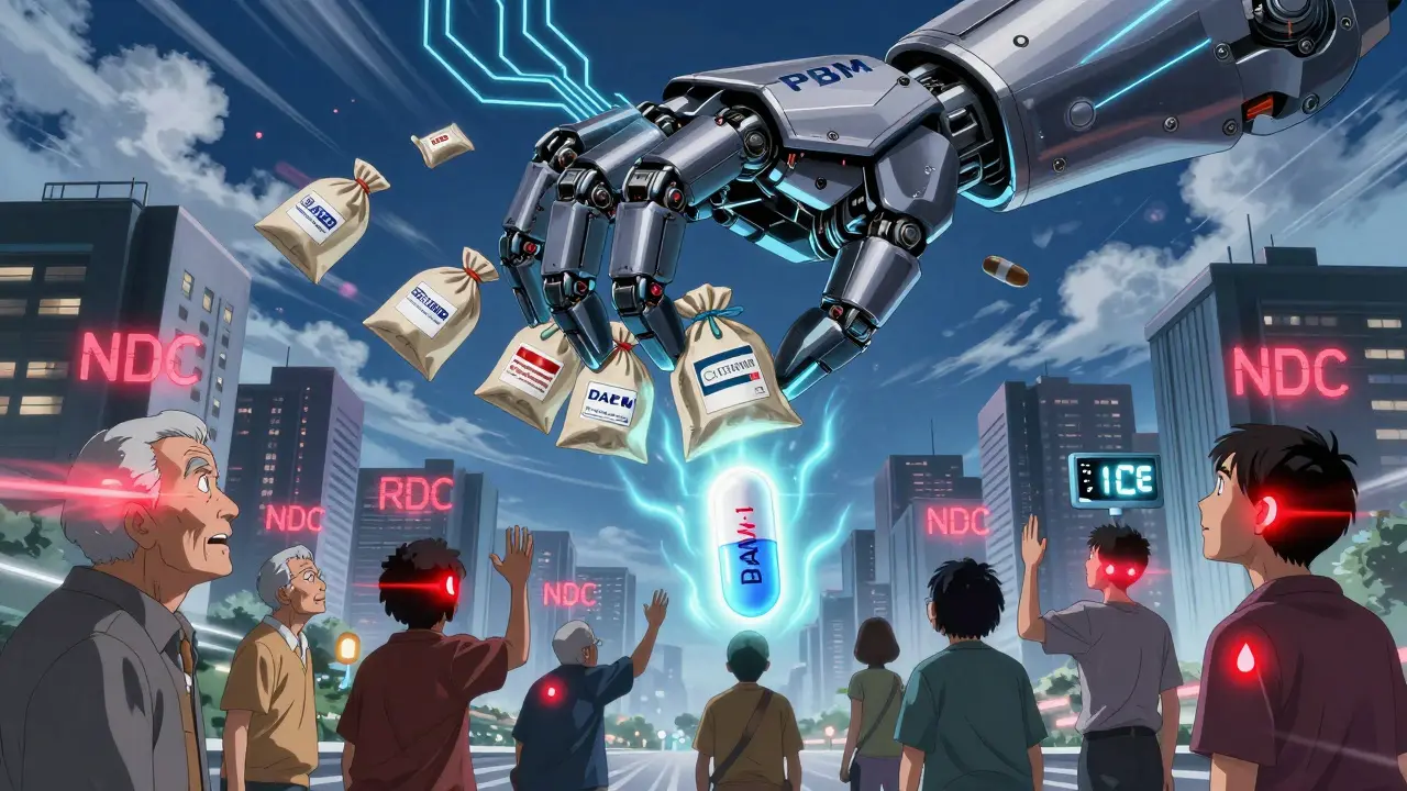 A massive robotic hand labeled 'PBM' drops generic pills onto patients below, while one protective pill glows with 'DAW-1' in defiance.
