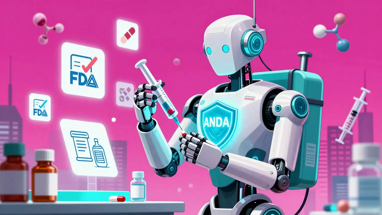 A pharmacy robot assembling a generic antibiotic combo with FDA icons floating around.