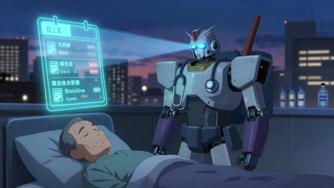 A protective robot with stethoscope chest plate monitors a sleeping senior, displaying digital medication reminders.